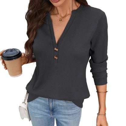 Women's Waffle Knit V-Neck Button Long Sleeve Top
