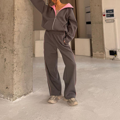 Color Block Zip Up Hoodie Wide Leg Pants Two Piece Set