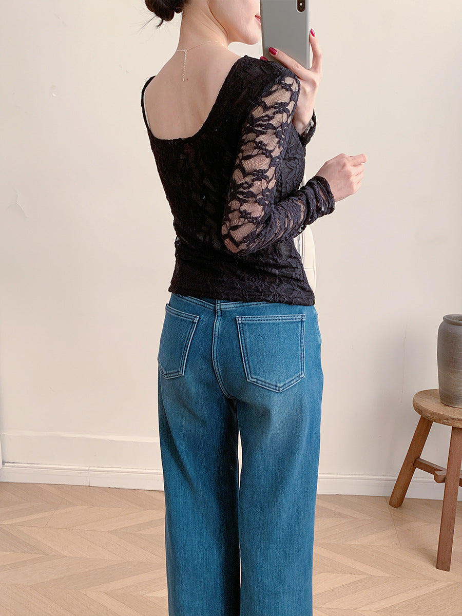 Sheer Lace Long Sleeve Top Fitted U Neck Blouse