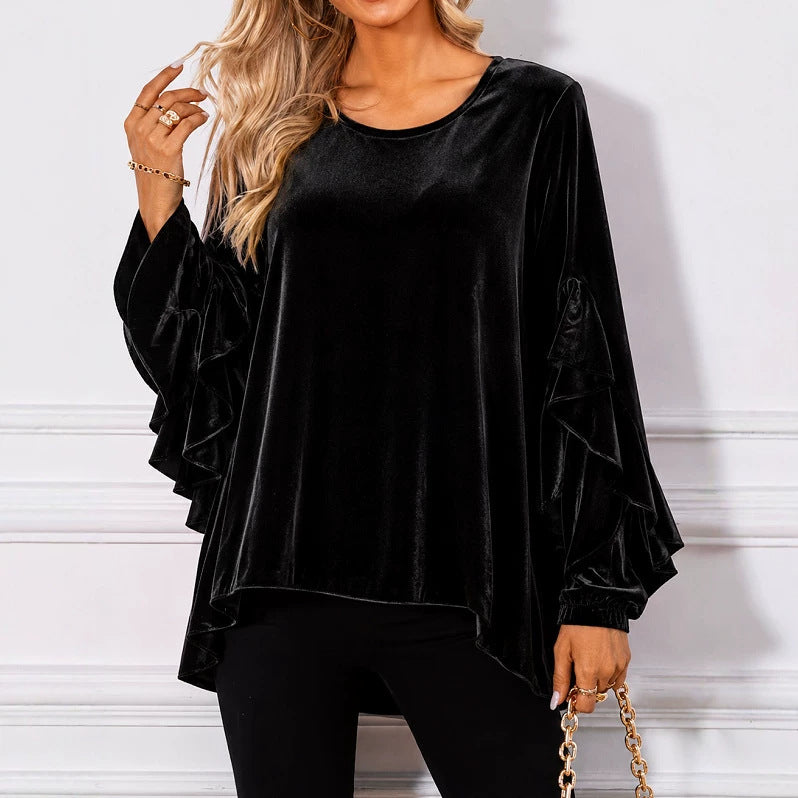 Women's Velvet Ruffle Sleeve Loose Tunic Top