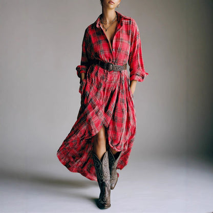 Vintage Plaid Maxi Shirt Dress Belted Long Sleeve