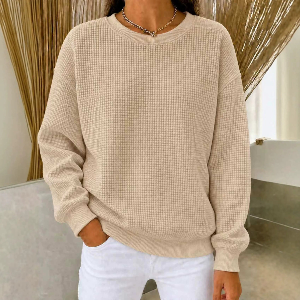 Women's Waffle Knit Oversized Crew Neck Long Sleeve Top