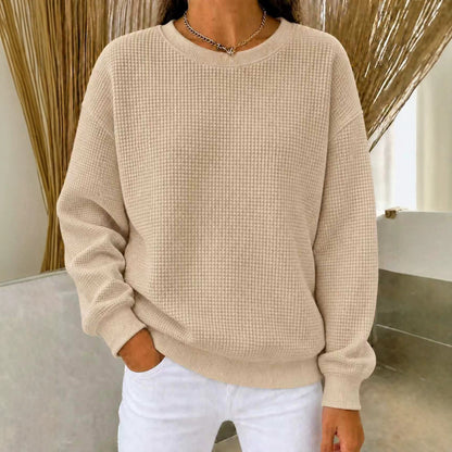 Women's Waffle Knit Oversized Crew Neck Long Sleeve Top
