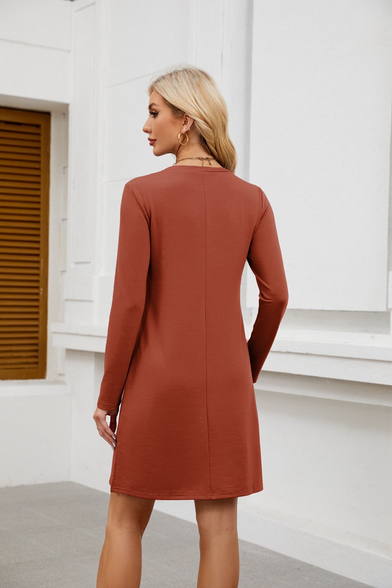 Crew Neck Long Sleeve Sweatshirt Dress with Split Hem