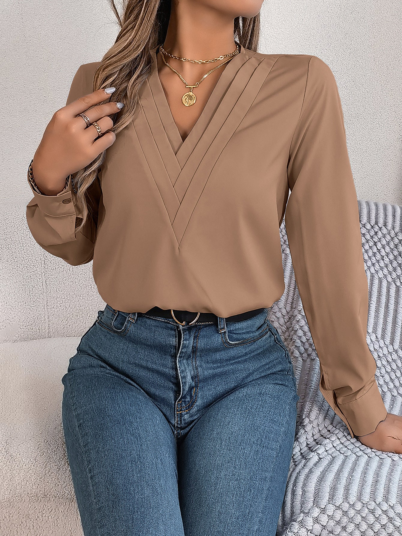 Elegant Layered V-Neck Long Sleeve Blouse – 2025 Fall/Winter