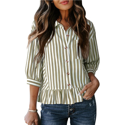 Striped Button Down Ruffle Hem 3/4 Sleeve Blouse