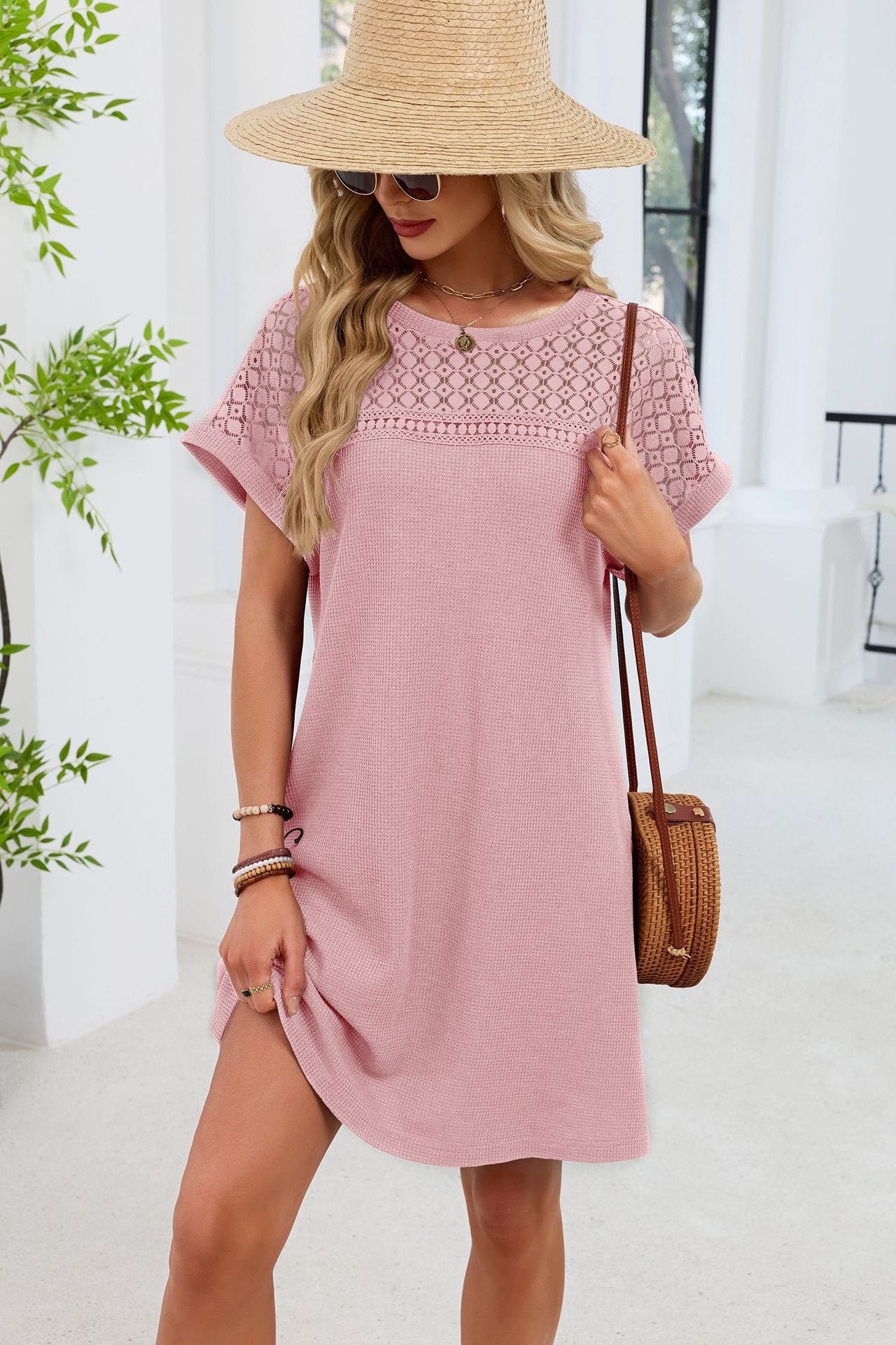 Blue Gray Yoke Loose T Shirt Dress Crew Neck