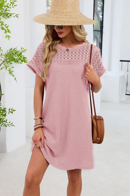Blue Gray Yoke Loose T Shirt Dress Crew Neck