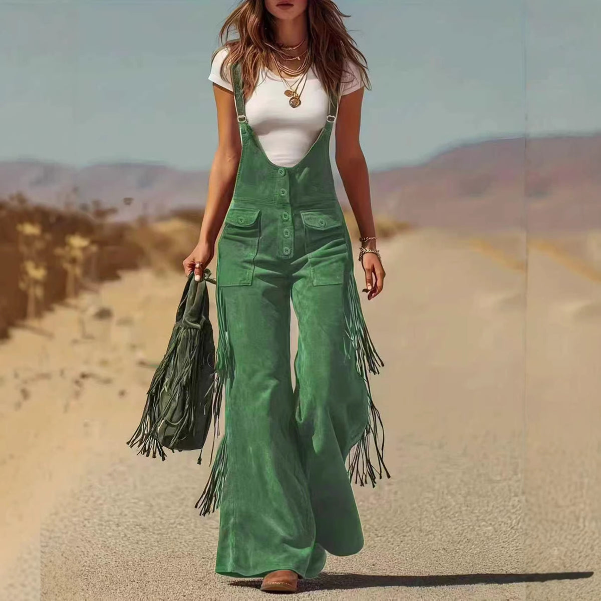 Women's Fringe Suede Overalls Wide Leg Western Boho