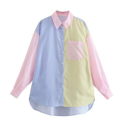 Women's Color Block Striped Oversized Button Down Shirt