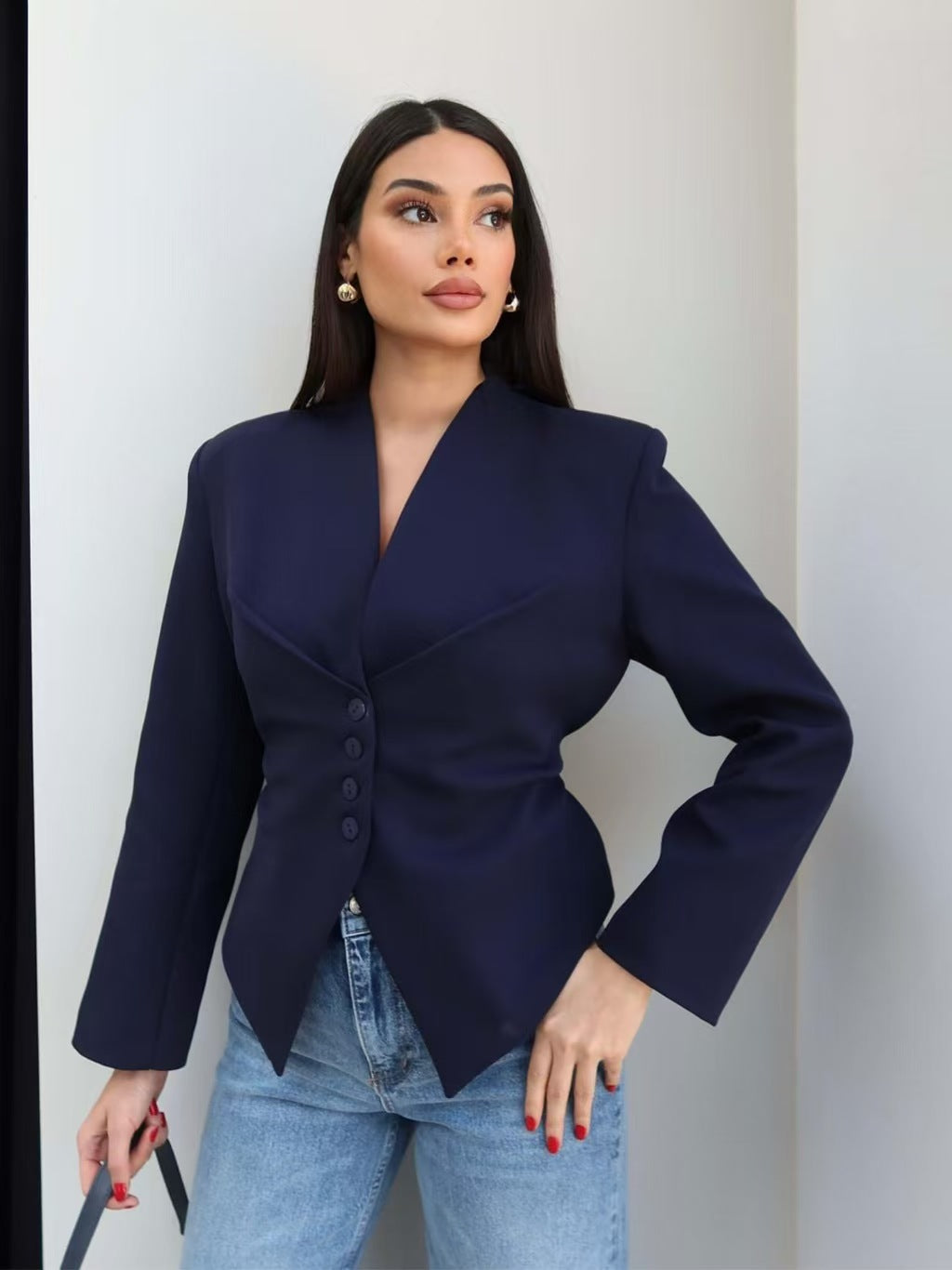 Women's V-Neck Cinched Waist Blazer Asymmetric Hem