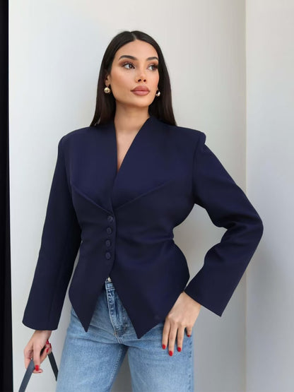Women's V-Neck Cinched Waist Blazer Asymmetric Hem