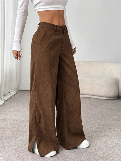 Women's Corduroy Wide Leg Pants Split Hem Pockets
