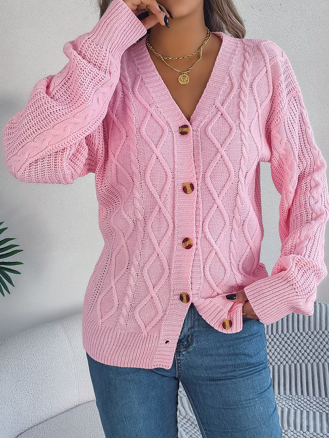 Fall Winter Cable Knit V Neck Lantern Sleeve Cardigan