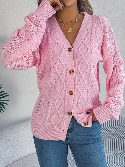 Fall Winter Cable Knit V Neck Lantern Sleeve Cardigan