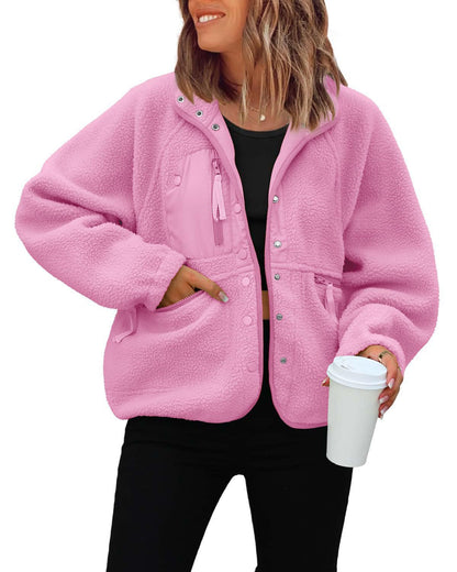 Women's Oversized Sherpa Fleece Jacket Button Front Casual