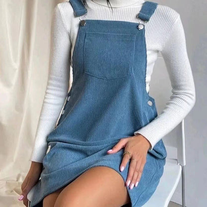 Womens Corduroy Overall Dress Sleeveless Loose Mini Jumper