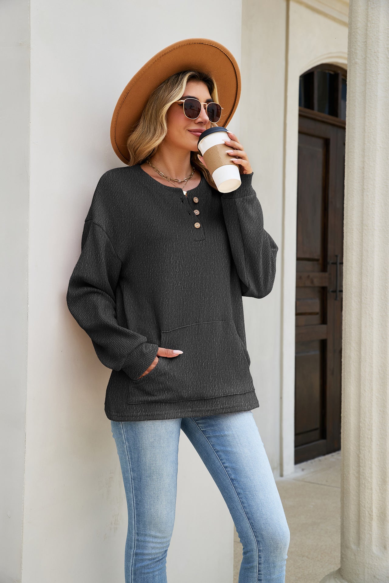 Women's Waffle Knit Henley Long Sleeve Pocket Top