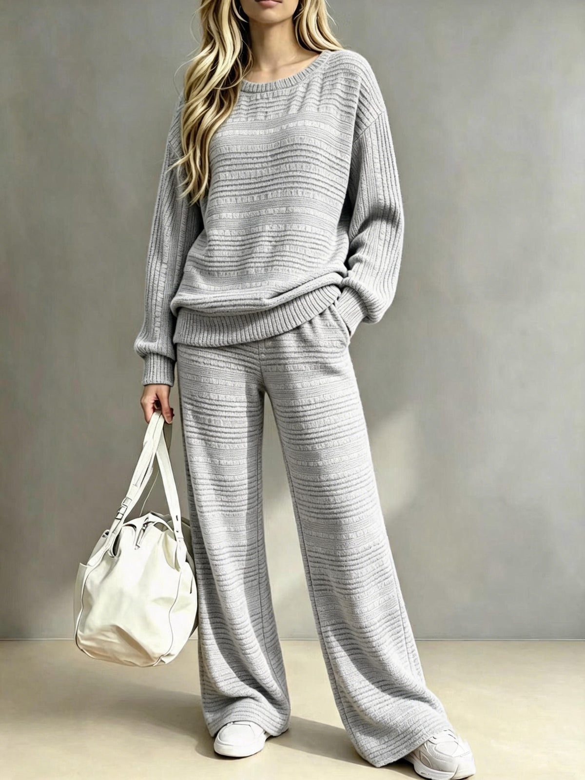 Women's Ribbed Knit Lounge Set Wide Leg Pants