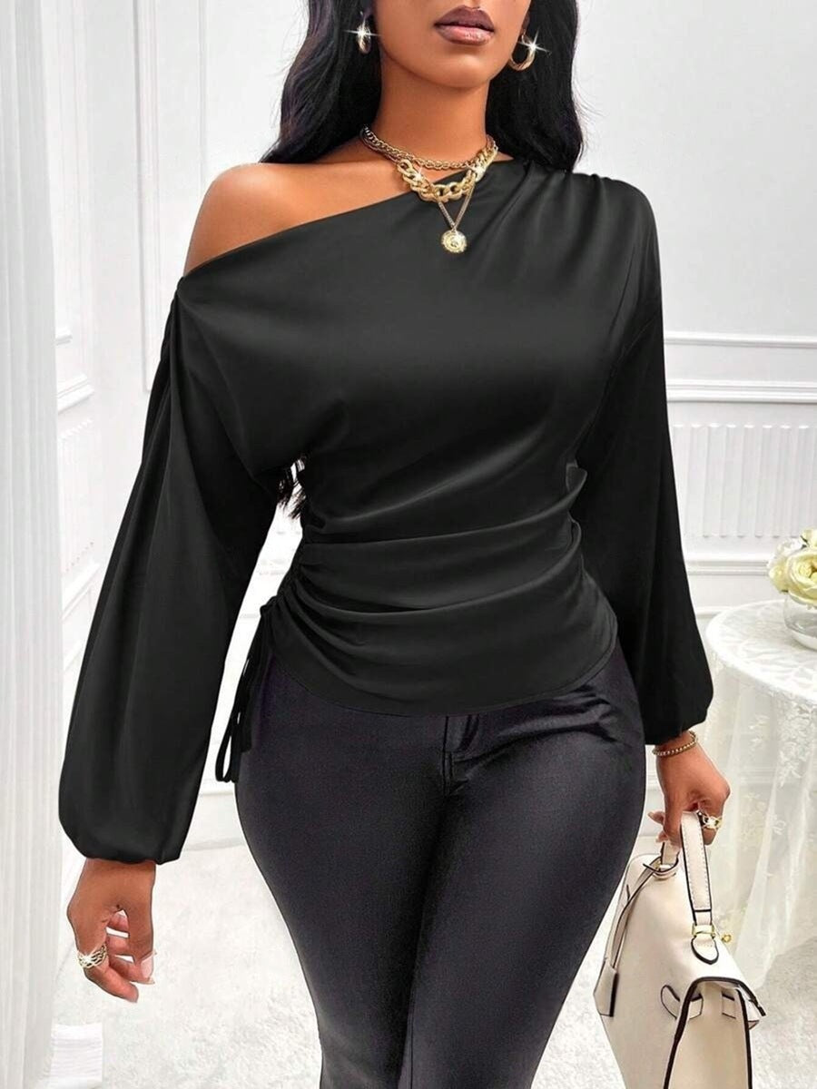 Women's Satin One Shoulder Long Sleeve Ruched Top