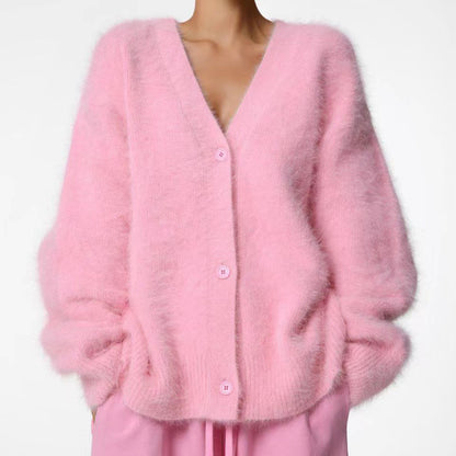 Oversized Fuzzy V-Neck Cardigan Sweater
