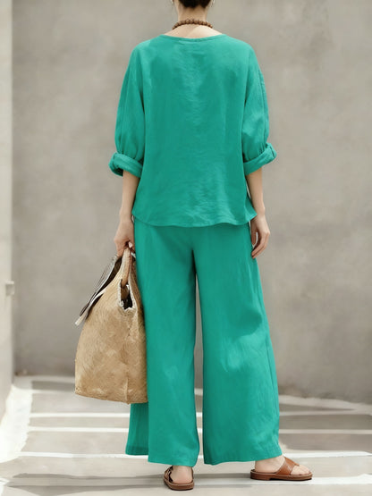 Women's Linen Cotton Matching Set Wide Leg Pants Two Piece
