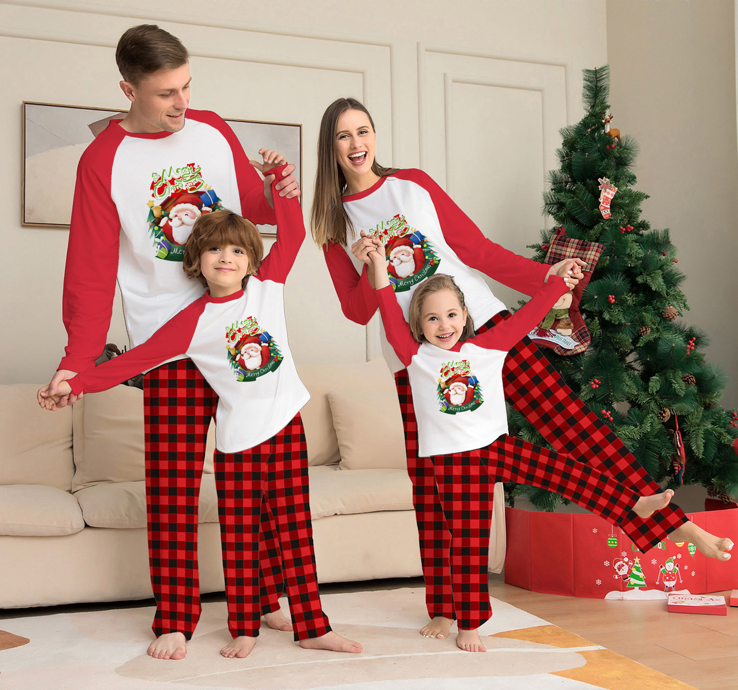 Parent-child Pajamas Loungewear Cartoon Plaid Print Long-sleeved Festive Christmas Suit