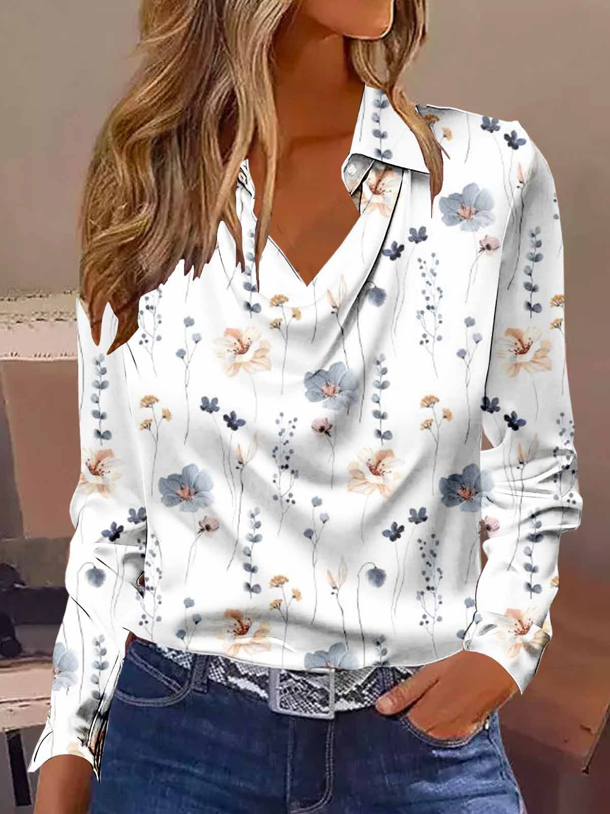 Women's Satin Cowl Neck Floral Long Sleeve Blouse