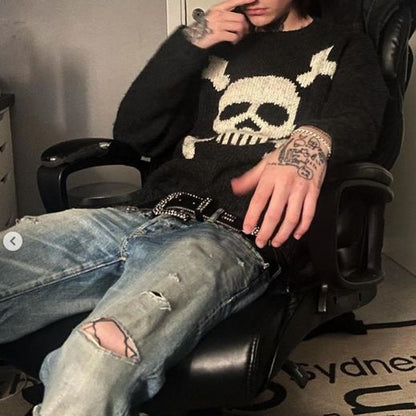 Oversized Skull Sweater Black Gothic Streetwear Knit