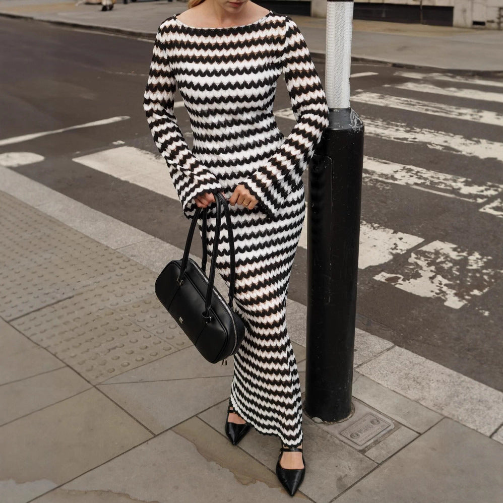Striped Off Shoulder Bodycon Maxi Dress Bell Sleeve Slit