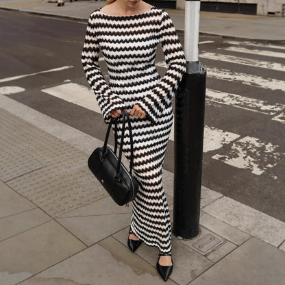 Striped Off Shoulder Bodycon Maxi Dress Bell Sleeve Slit