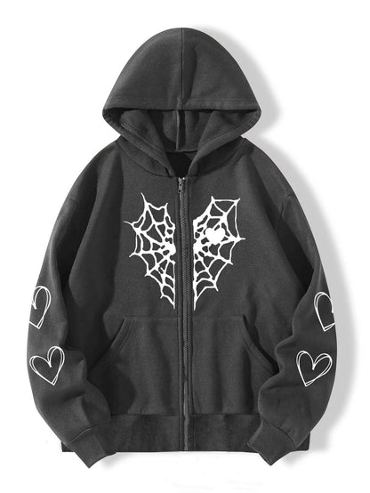 Women's Gothic Spider Web Heart Print Zip Up Hoodie