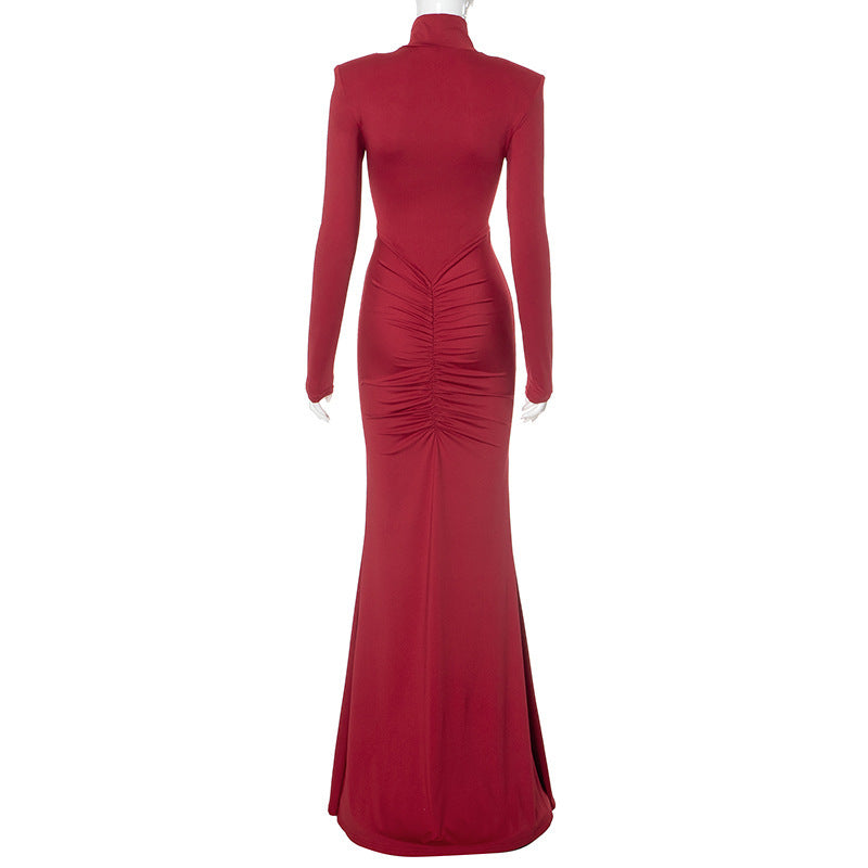 Mock Neck Padded Shoulder Ruched Bodycon Mermaid Maxi Dress
