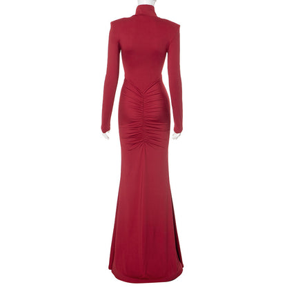 Mock Neck Padded Shoulder Ruched Bodycon Mermaid Maxi Dress