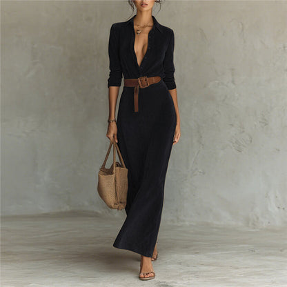 Faux Suede Belted Maxi Shirt Dress Long Sleeve