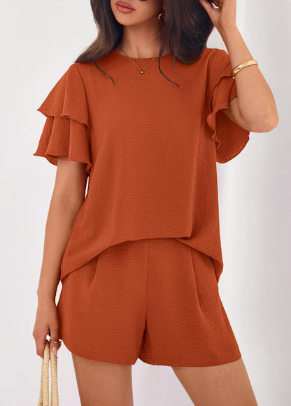 Solid Lounge Set Ruffle Sleeve Top Shorts 2 Piece Set