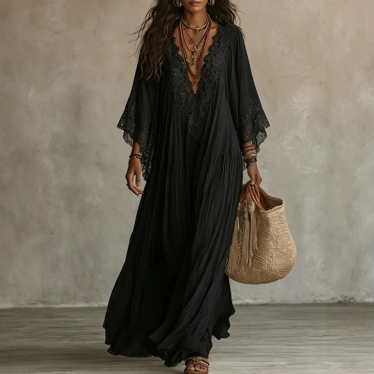 Lace V-Neck Batwing Sleeve Maxi Dress Boho Beach