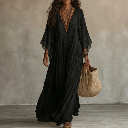 Lace V-Neck Batwing Sleeve Maxi Dress Boho Beach