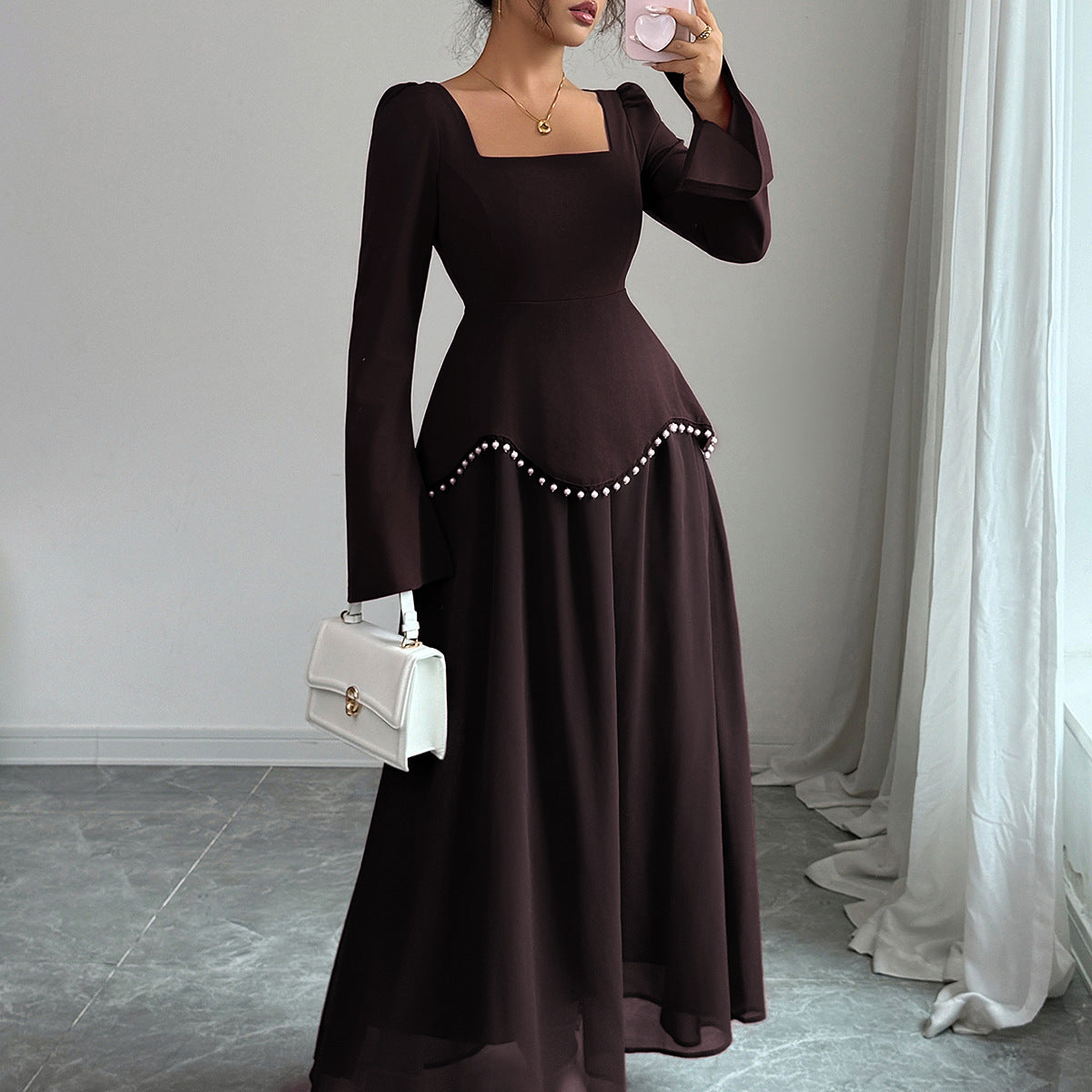 Square Neck Long Sleeve Pearl Trim A-Line Maxi Dress