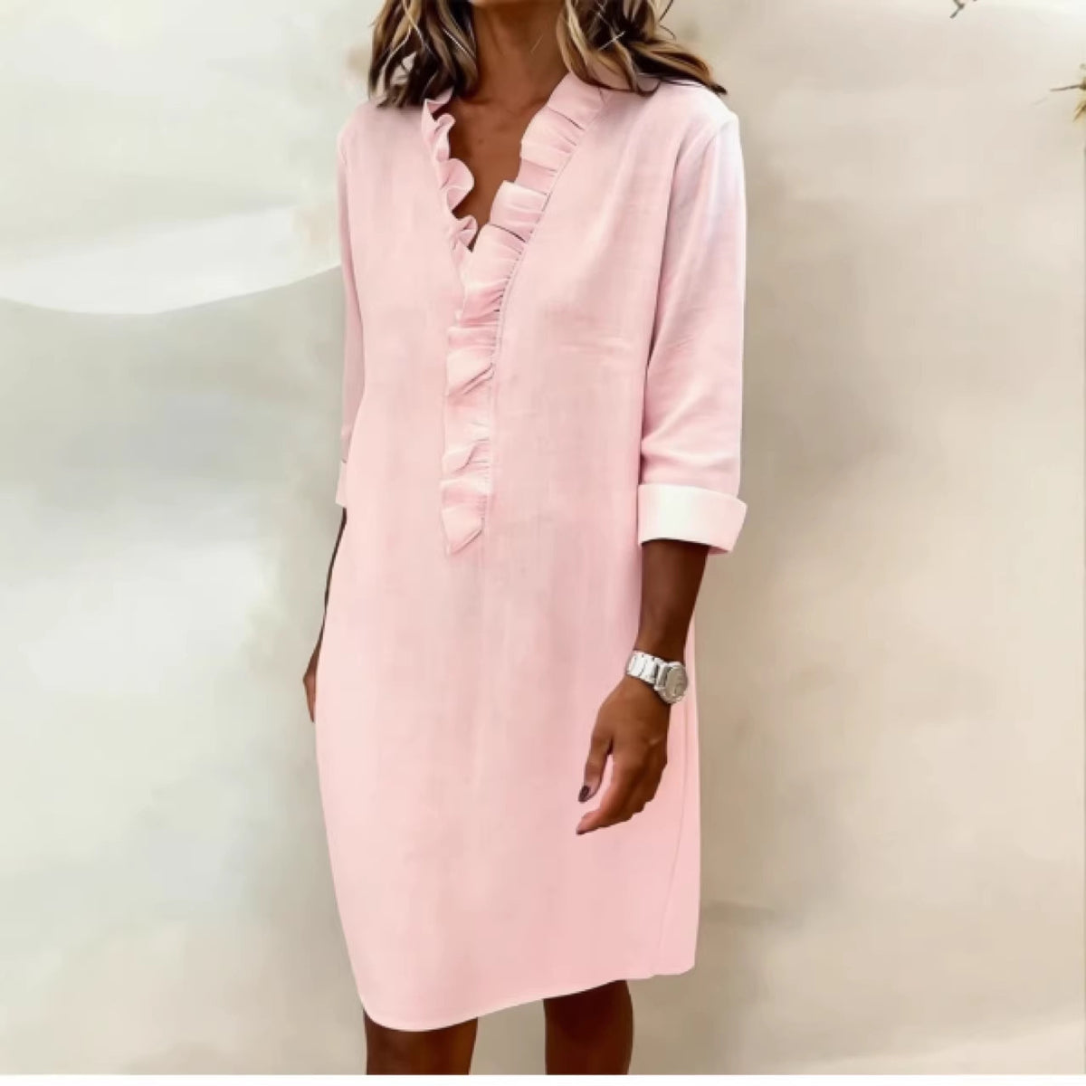 Women's Ruffle V-Neck Linen Blend Long Sleeve Tunic Dress