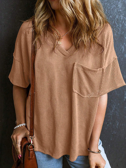 Women’s Ribbed V Neck Short Sleeve Pocket Tee