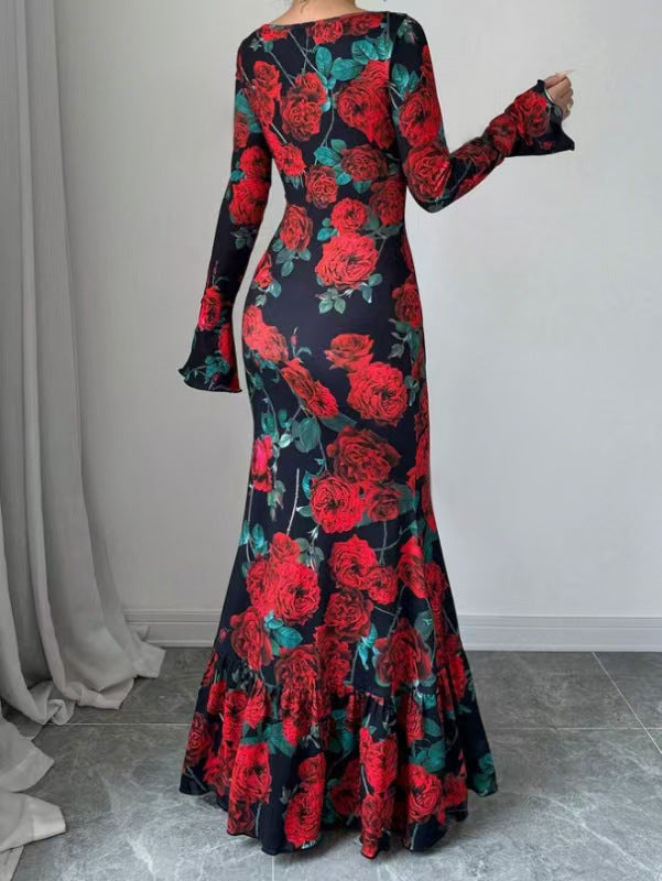 Women's Rose Print Bell Sleeve Bodycon Maxi Dress