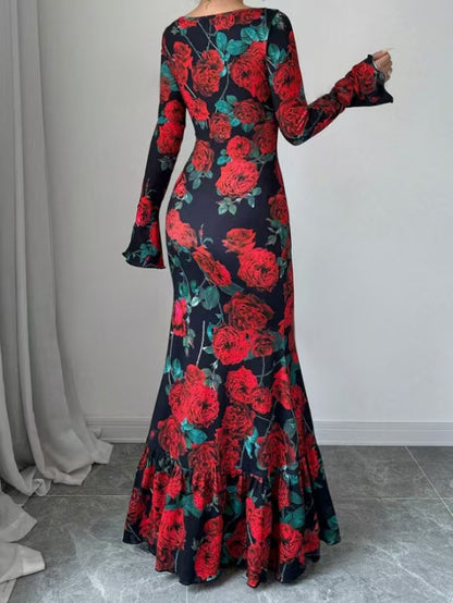 Women's Rose Print Bell Sleeve Bodycon Maxi Dress