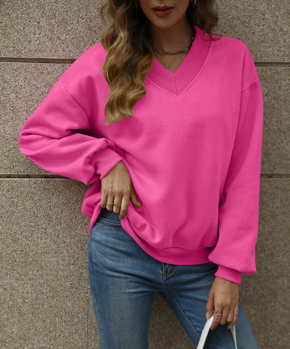 Colorblock V Neck Fleece Sweatshirt Women Casual Pullover Top