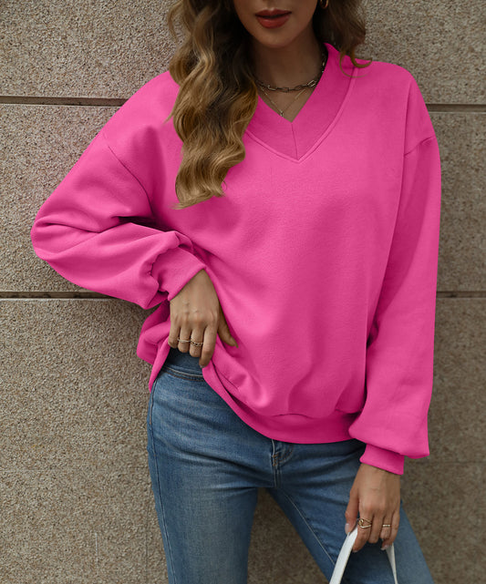 Colorblock V Neck Fleece Sweatshirt Women Casual Pullover Top