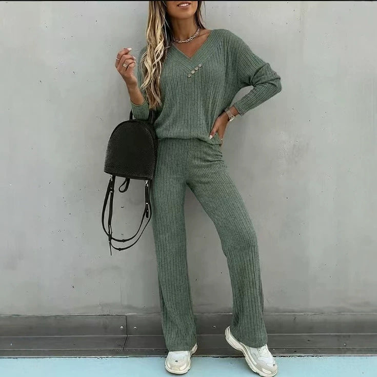 Women's Ribbed V-Neck Button Lounge Pants Set