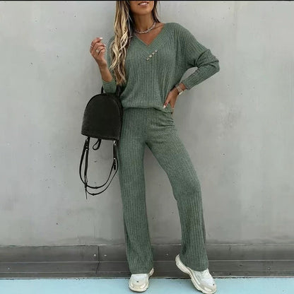Women's Ribbed V-Neck Button Lounge Pants Set