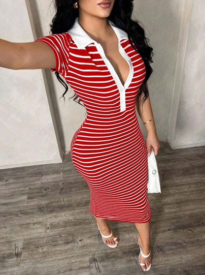 Polo Collar Stripe Bodycon Midi Dress Short Sleeve Casual