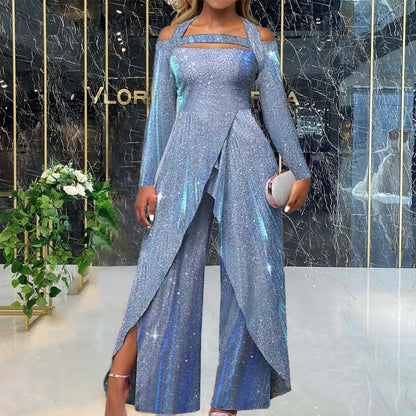 Sequin Off Shoulder Wide Leg Jumpsuit Blue