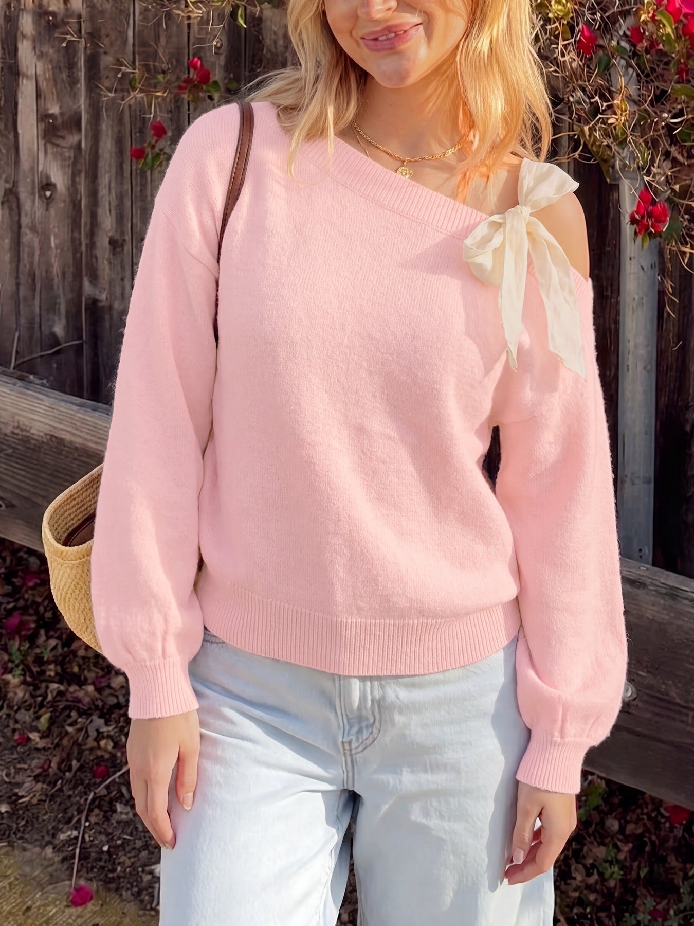 Pink Coquette Bow One Shoulder Sweater